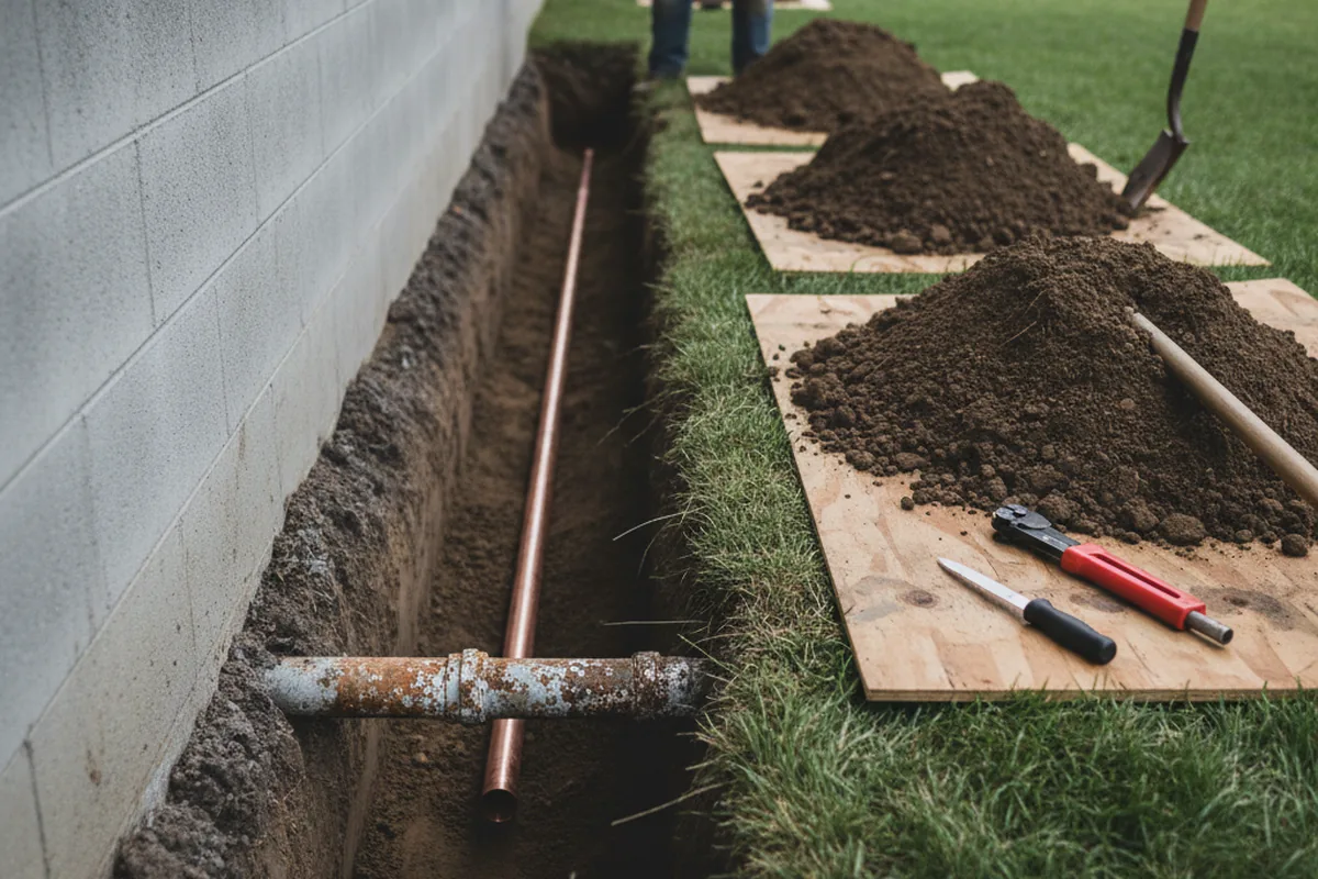 Excavated water line trench during Water Softener Installation in Morton